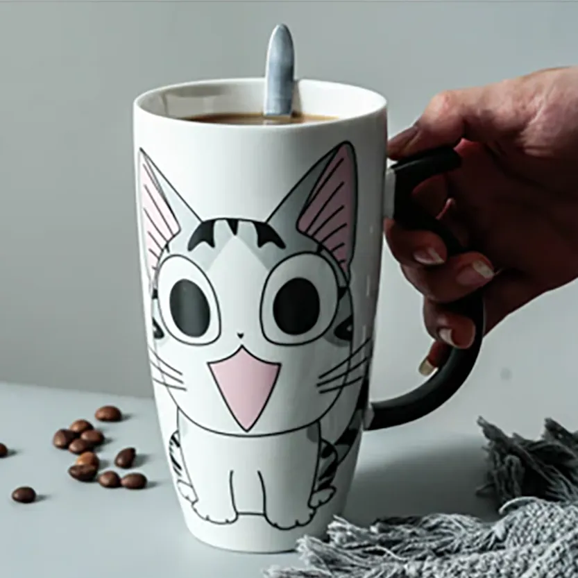 Funki Buys | Mugs | Large Ceramics Cat Mug | Spoon Lid | 20oz