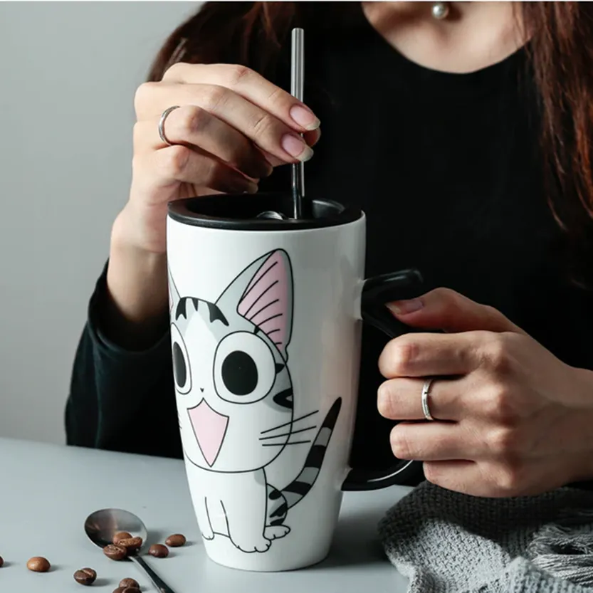 Funki Buys | Mugs | Large Ceramics Cat Mug | Spoon Lid | 20oz