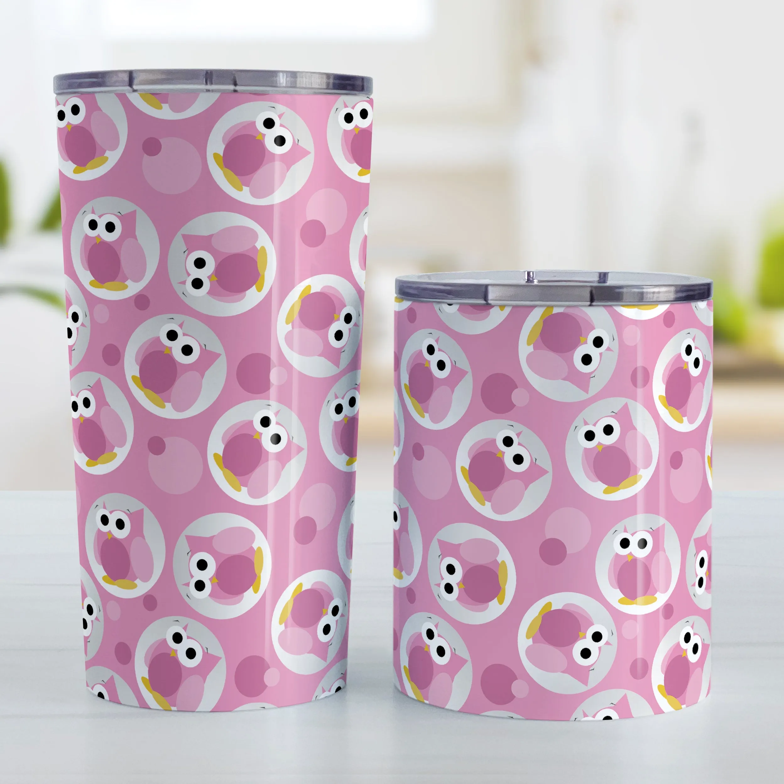 Funny Cute Pink Owl Pattern Tumbler Cup