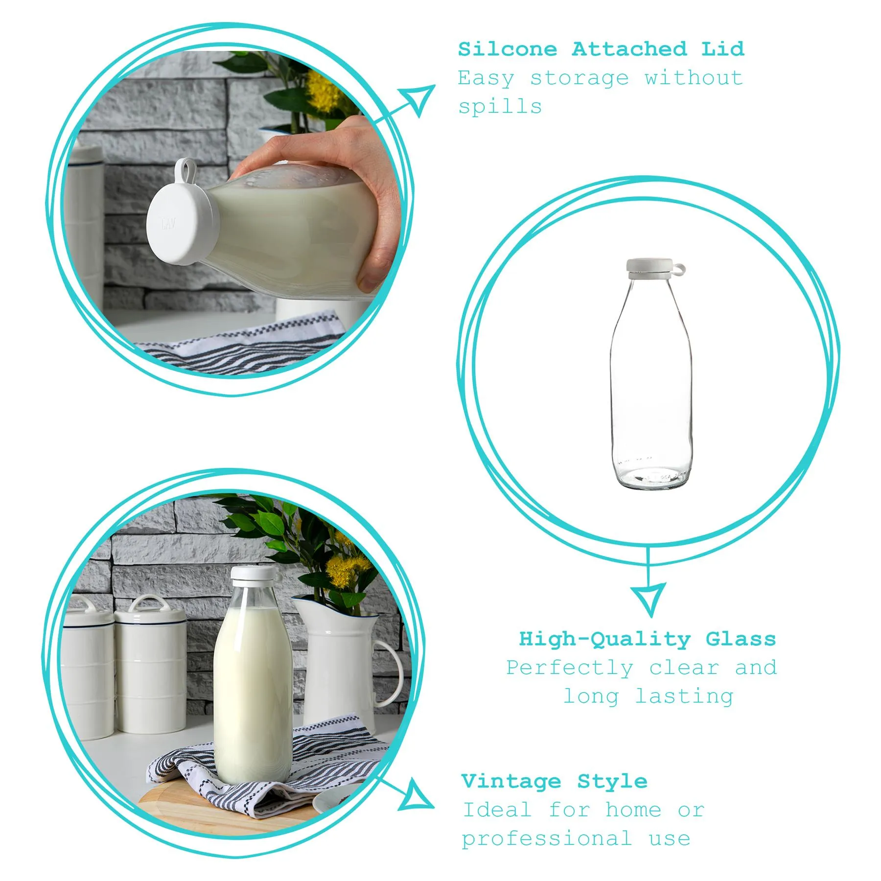 Glass Milk Bottle with Silicone Lid - 1L - By Argon Tableware