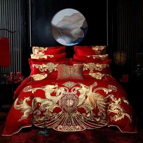 Gold Phoenix Luxury Royal Egyptian Cotton Red Duvet Cover Set