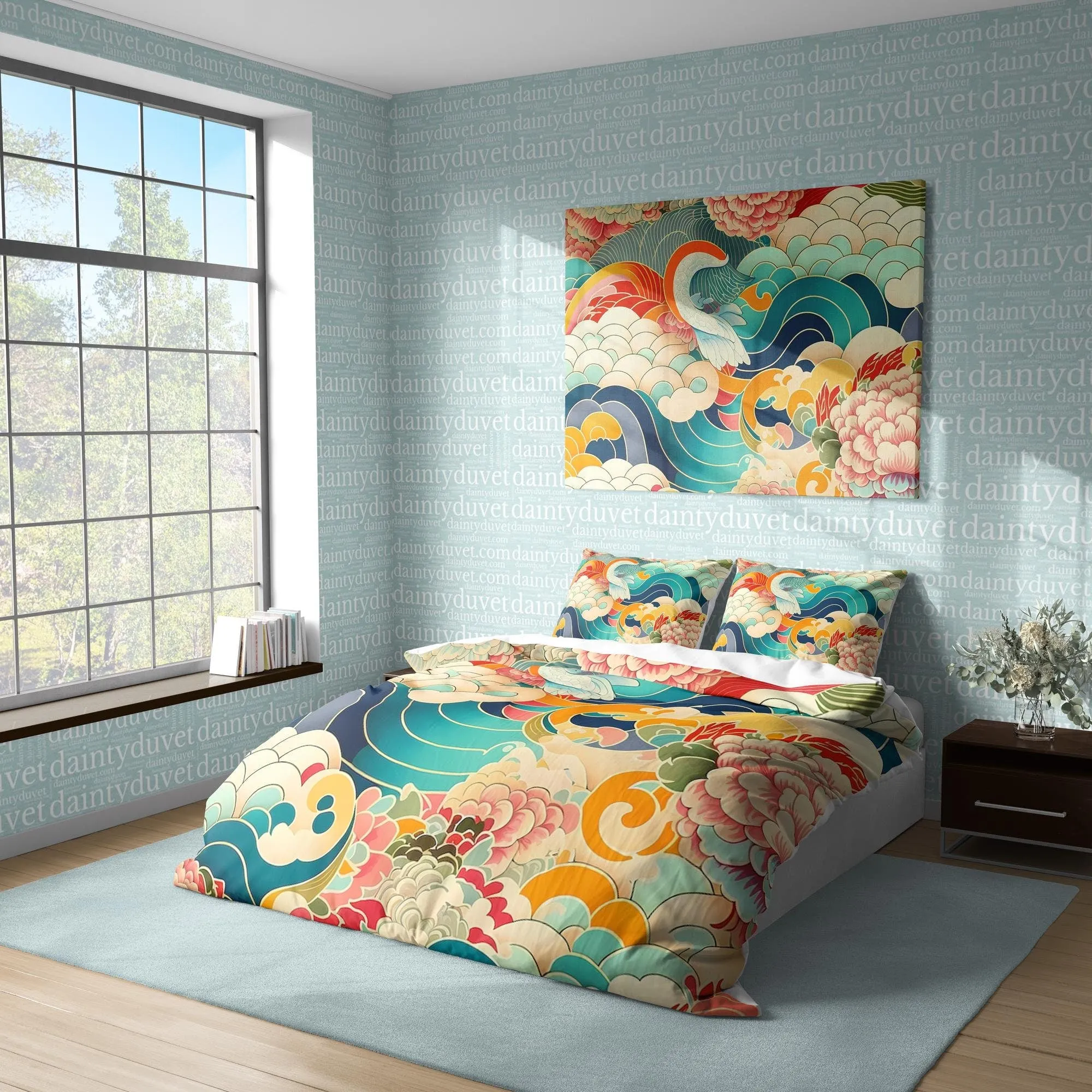 Great Wave Duvet Cover Japanese Flower Quilt Cover, Chrysanthemum Bedding Set Colorful Blanket Cover, Unique Bedspread Adults Bed Cover