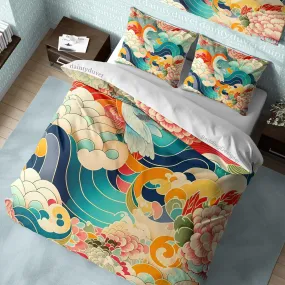 Great Wave Duvet Cover Japanese Flower Quilt Cover, Chrysanthemum Bedding Set Colorful Blanket Cover, Unique Bedspread Adults Bed Cover