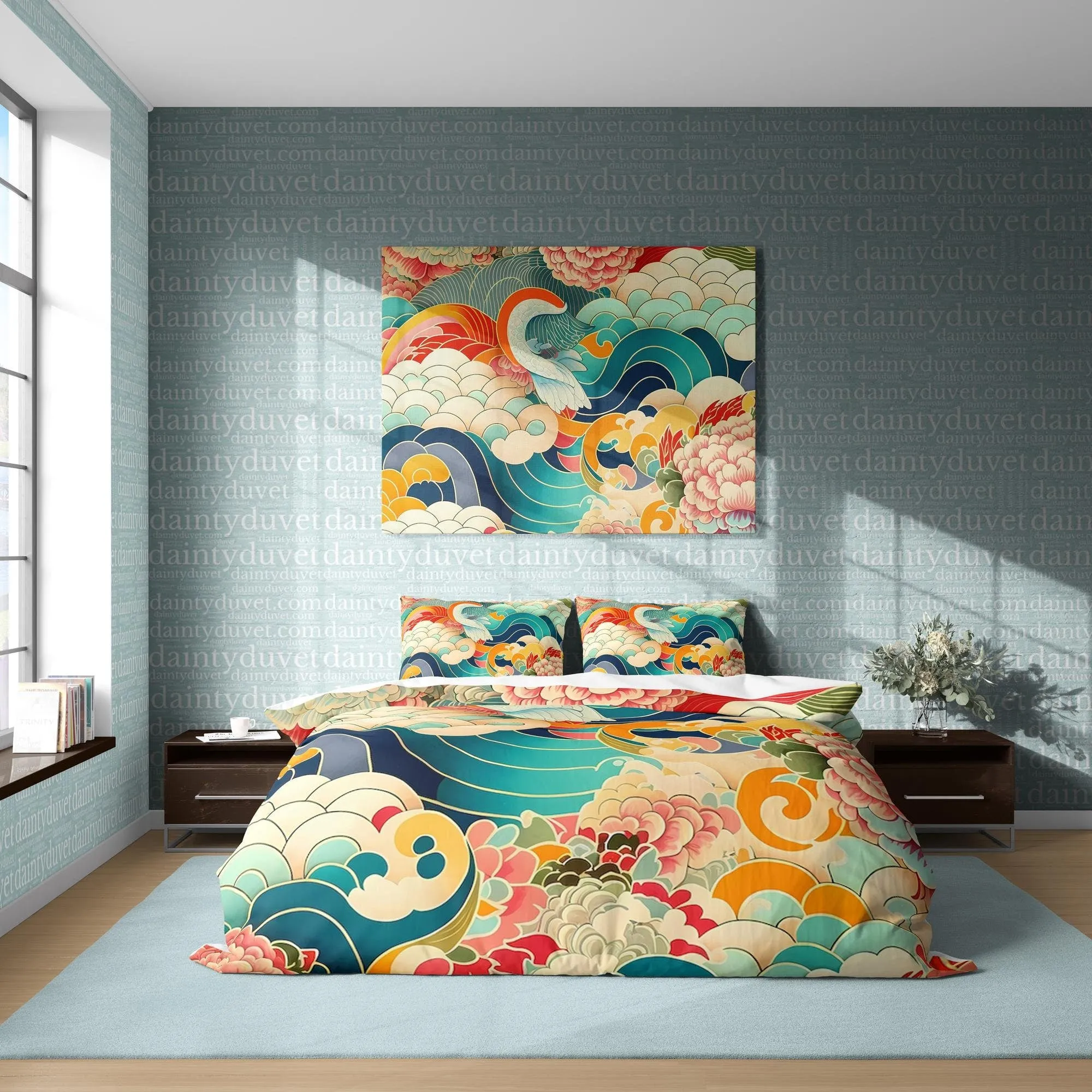 Great Wave Duvet Cover Japanese Flower Quilt Cover, Chrysanthemum Bedding Set Colorful Blanket Cover, Unique Bedspread Adults Bed Cover