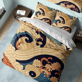 Great Wave Of Kanagawa Quilt Cover Japanese Bedding Set, Cotton Duvet Cover Colorful Bedspread, Teens Bedroom Blanket Cover