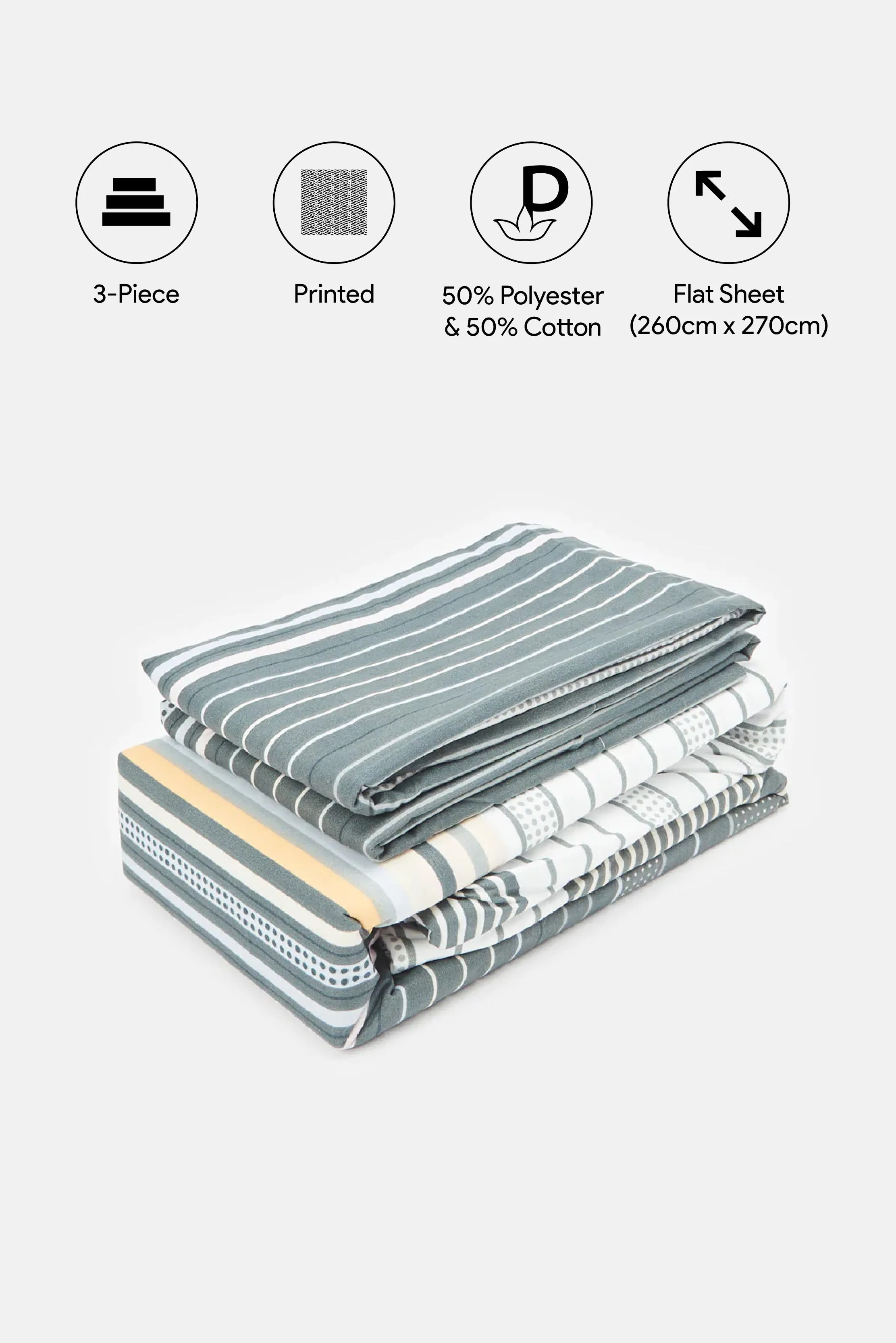 Grey Stripe Print 3-Piece Flat Sheet (King Size)