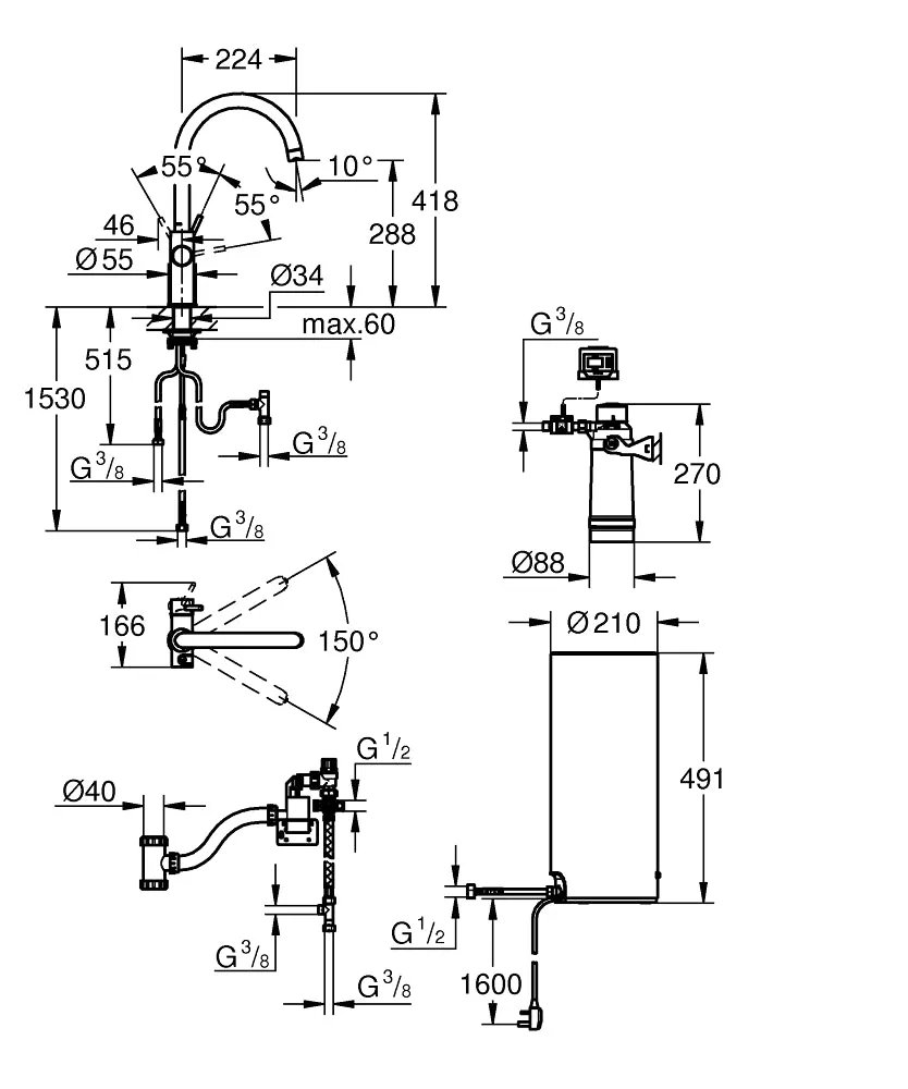 Grohe Red II Duo C-Spout Tap In Chrome and L Size Boiler