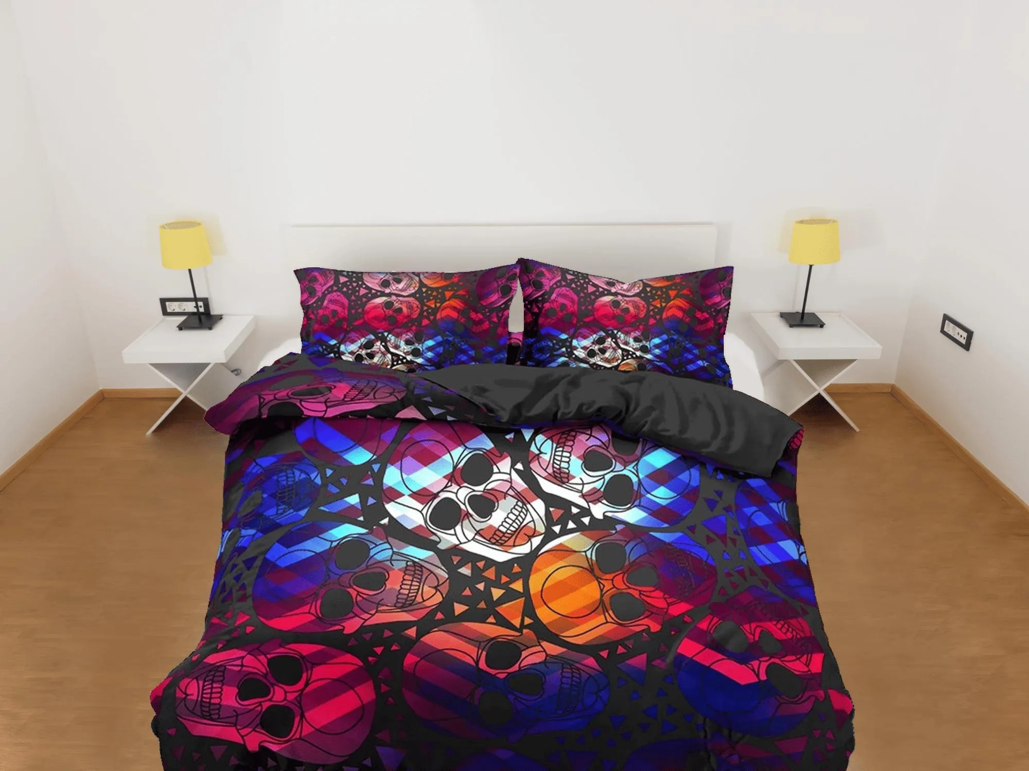 Halloween Bedding Colorful Skulls Black Duvet Cover Set Bedspread, Dorm Bedding with Pillowcase, Halloween Gift Teens Kids Adults