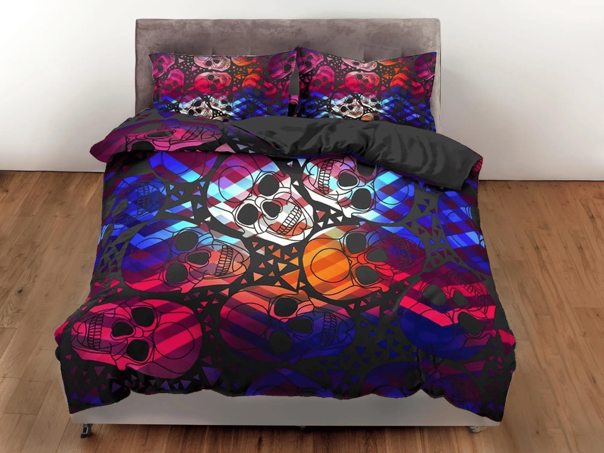 Halloween Bedding Colorful Skulls Black Duvet Cover Set Bedspread, Dorm Bedding with Pillowcase, Halloween Gift Teens Kids Adults