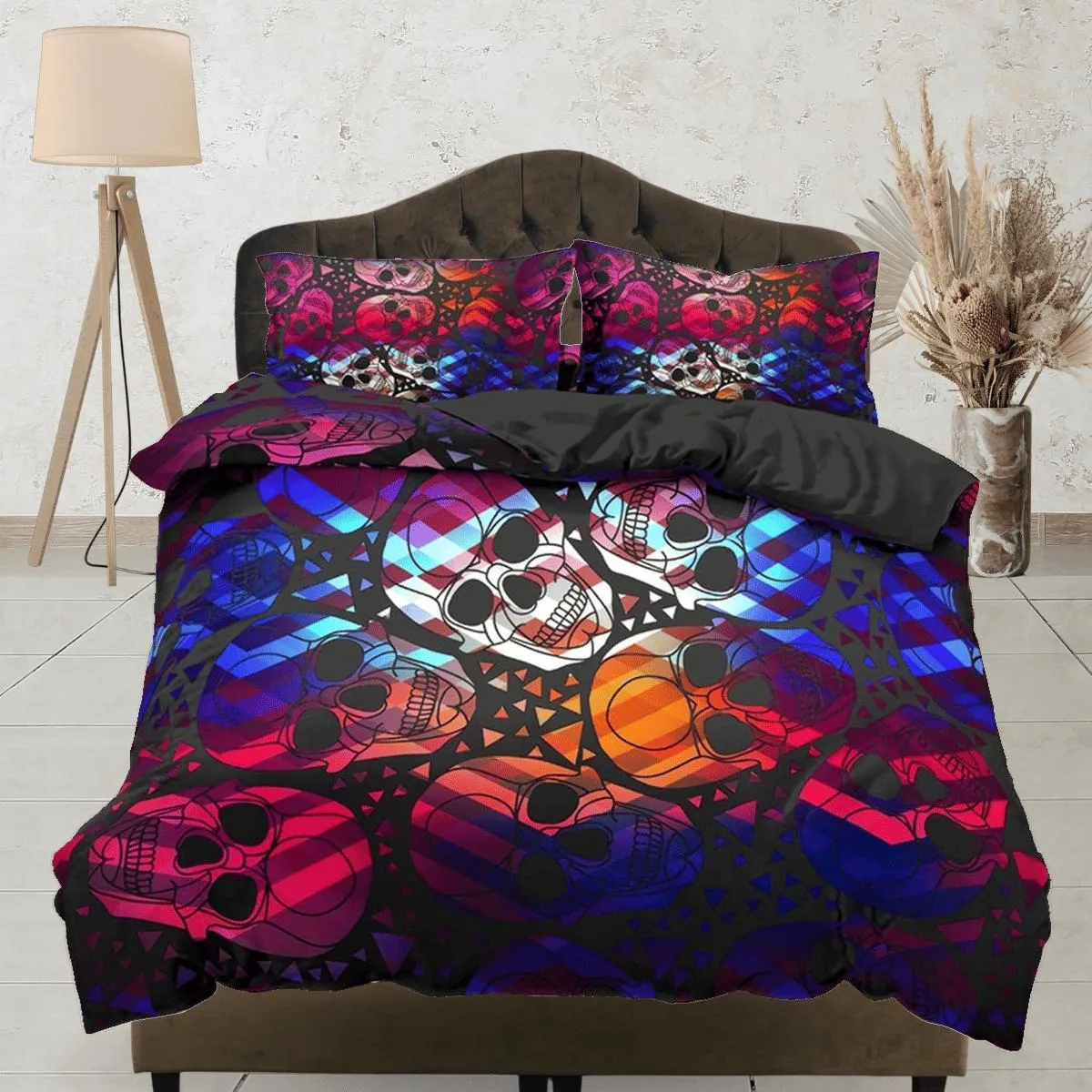 Halloween Bedding Colorful Skulls Black Duvet Cover Set Bedspread, Dorm Bedding with Pillowcase, Halloween Gift Teens Kids Adults