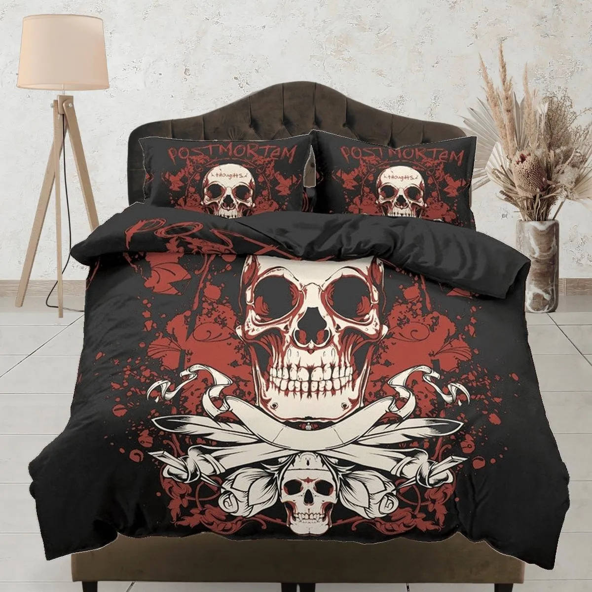 Halloween Bedding Skull in Flames Black Duvet Cover Set Bedspread, Dorm Bedding with Pillowcase, Halloween Gift Teens Kids Adults