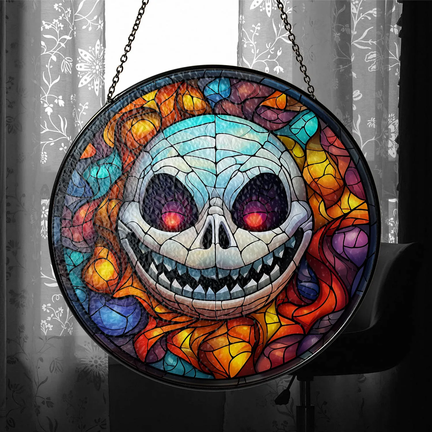 Halloween Stained Glass Suncatcher Collection | Decorative Window Hanging | 2 Sizes | Holiday Decor Accents | Spooky Grin