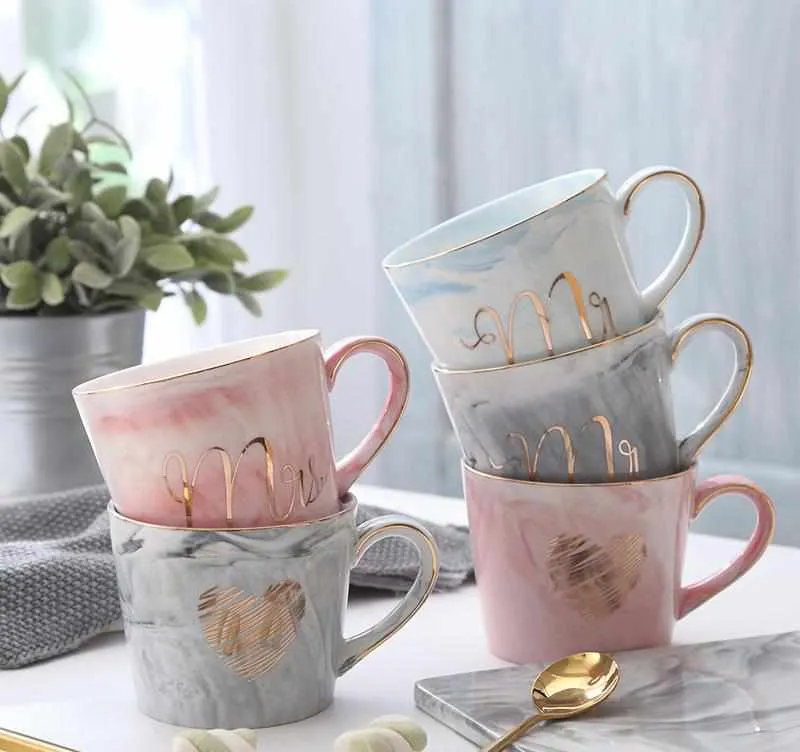 Handpainted Gold Monogram Natural Marble Porcelain Coffee Mug