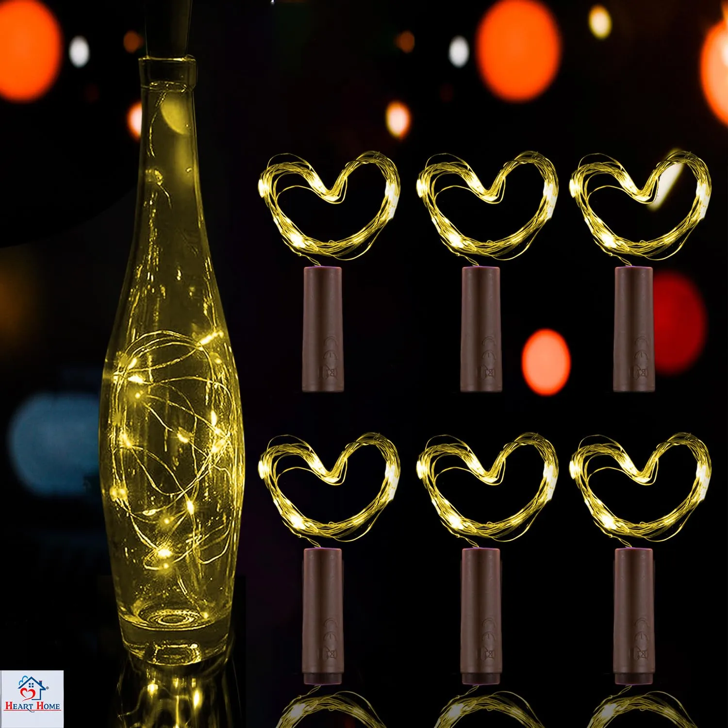 Heart Home Wine Bottle String Lights | 20 LED Bottle Cork Copper Wire String Lights | Wine Bottle Lights for Home Decoartion | Battery Powered | Pack of 6 | Warm White