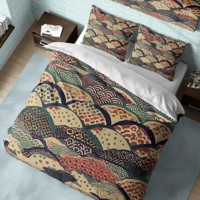 Japanese Brown Bedding Set, Oriental Pattern Cotton Duvet Cover Adults Bedroom Blanket Cover, Retro Bed Cover Unique Bedspread