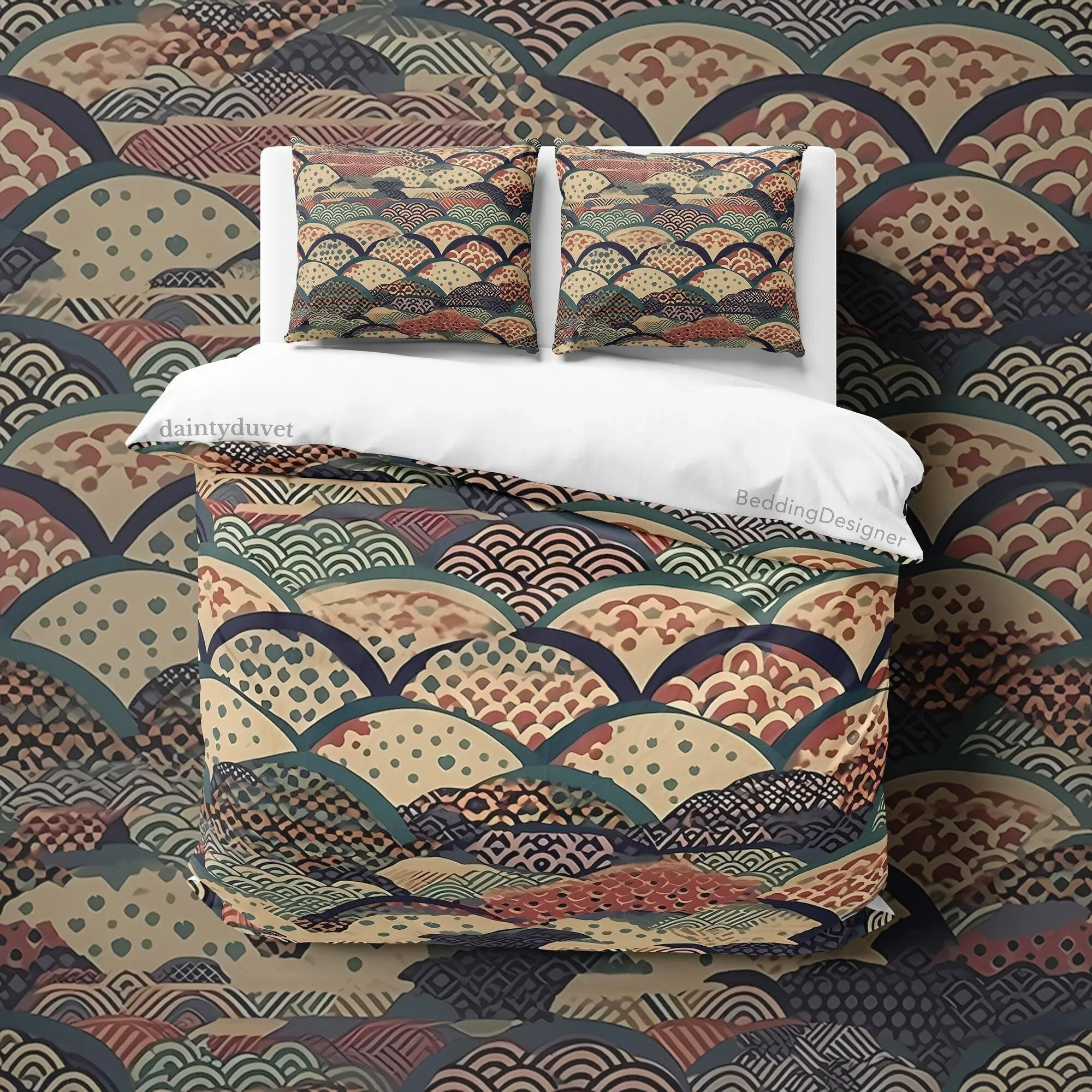 Japanese Brown Bedding Set, Oriental Pattern Cotton Duvet Cover Adults Bedroom Blanket Cover, Retro Bed Cover Unique Bedspread