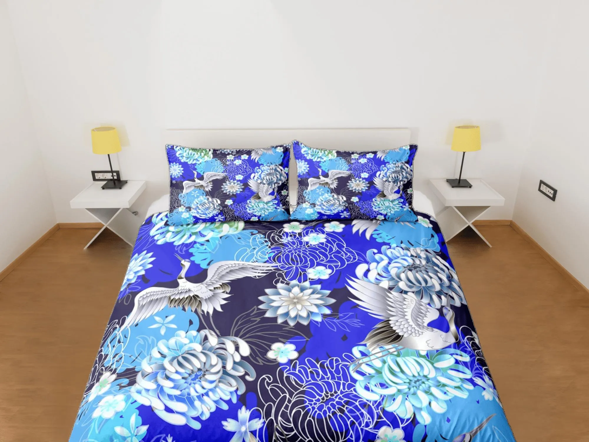 Japanese Floral Blue Duvet Cover Set Colorful Bedspread, Dorm Bedding   Pillowcase