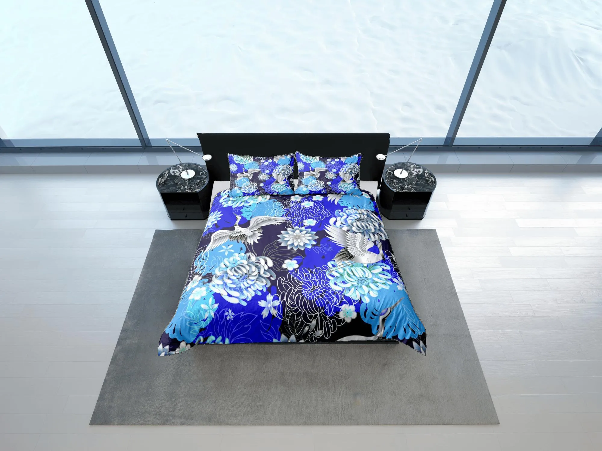 Japanese Floral Blue Duvet Cover Set Colorful Bedspread, Dorm Bedding   Pillowcase