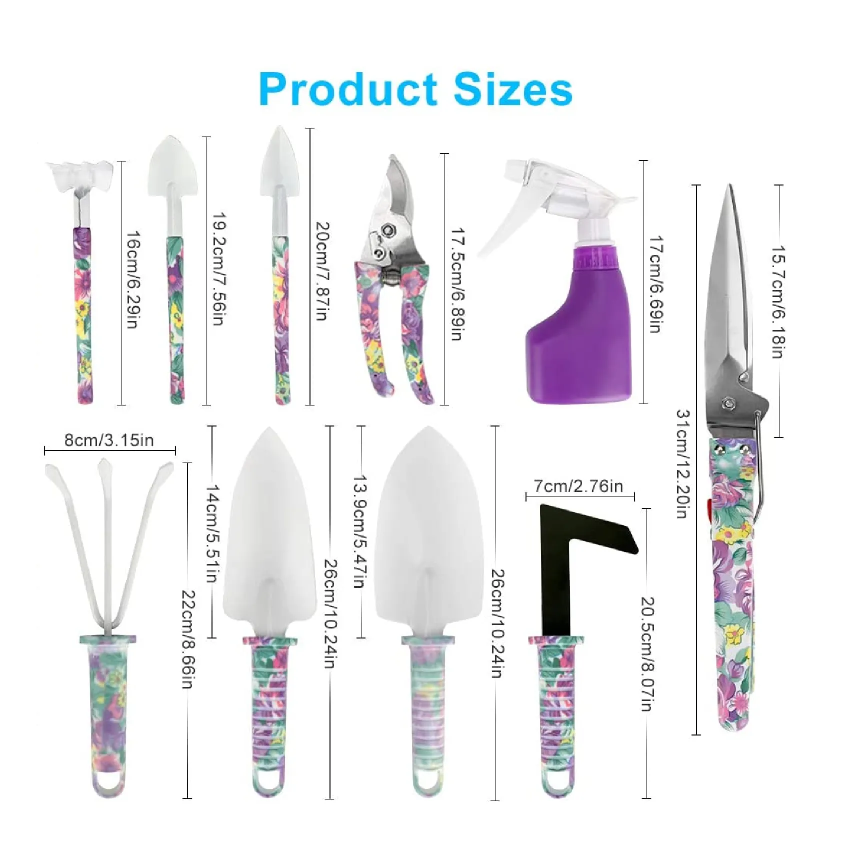 Jhua Garden Tool Set | 10 Pieces Gardening Tools Kit with Purple Flower Print