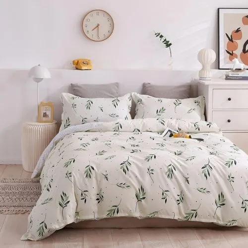 King Size 6 Pieces Without filler, Reversible Duvet cover Set With Small Green Leaves design