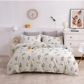 King Size 6 Pieces Without filler, Reversible Duvet cover Set With Small Green Leaves design