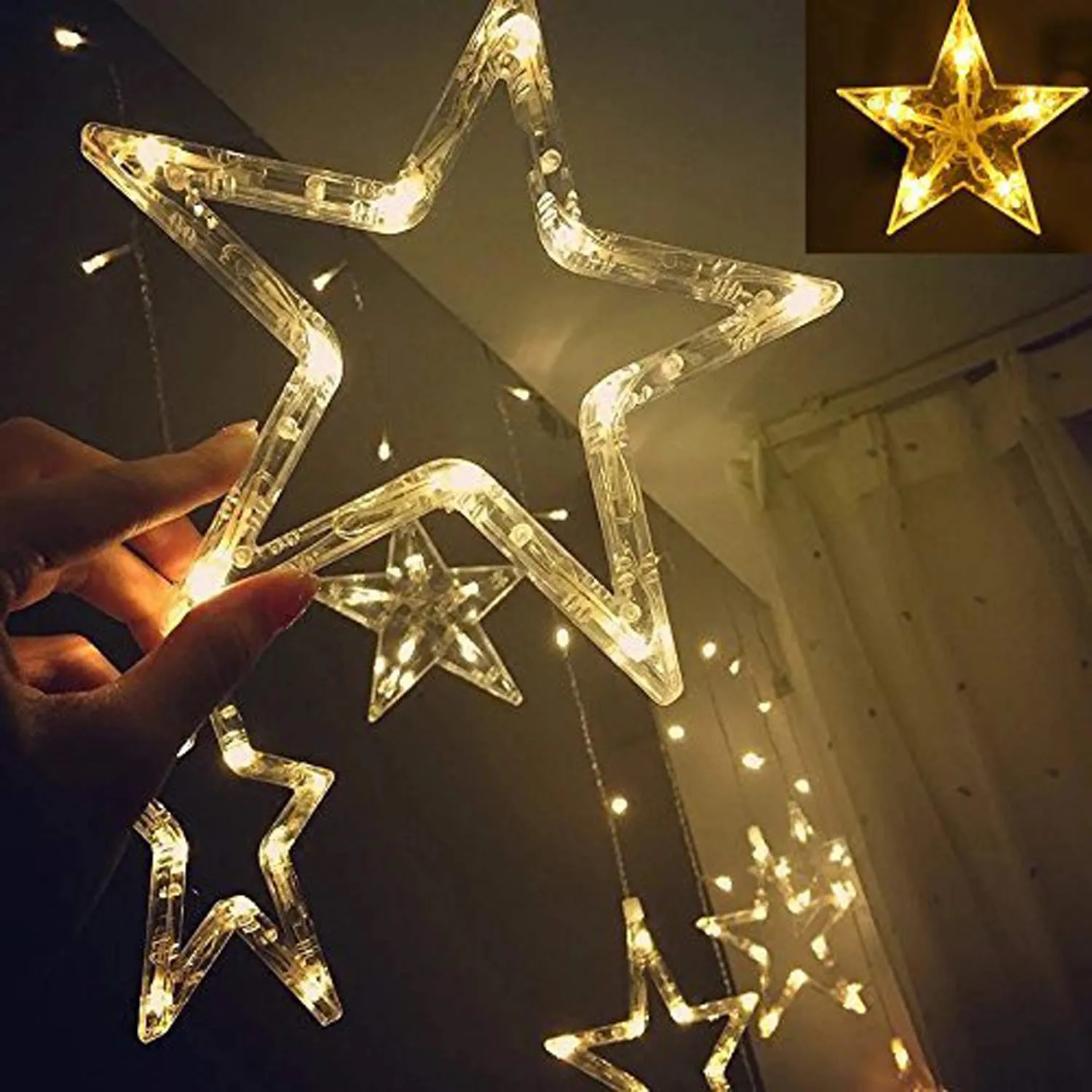 Kuber Industries 138 LED Curtain String Lights with 8 Flashing Modes Decoration(12 Stars, Warm White), Pack of 2 - CTKTC022958