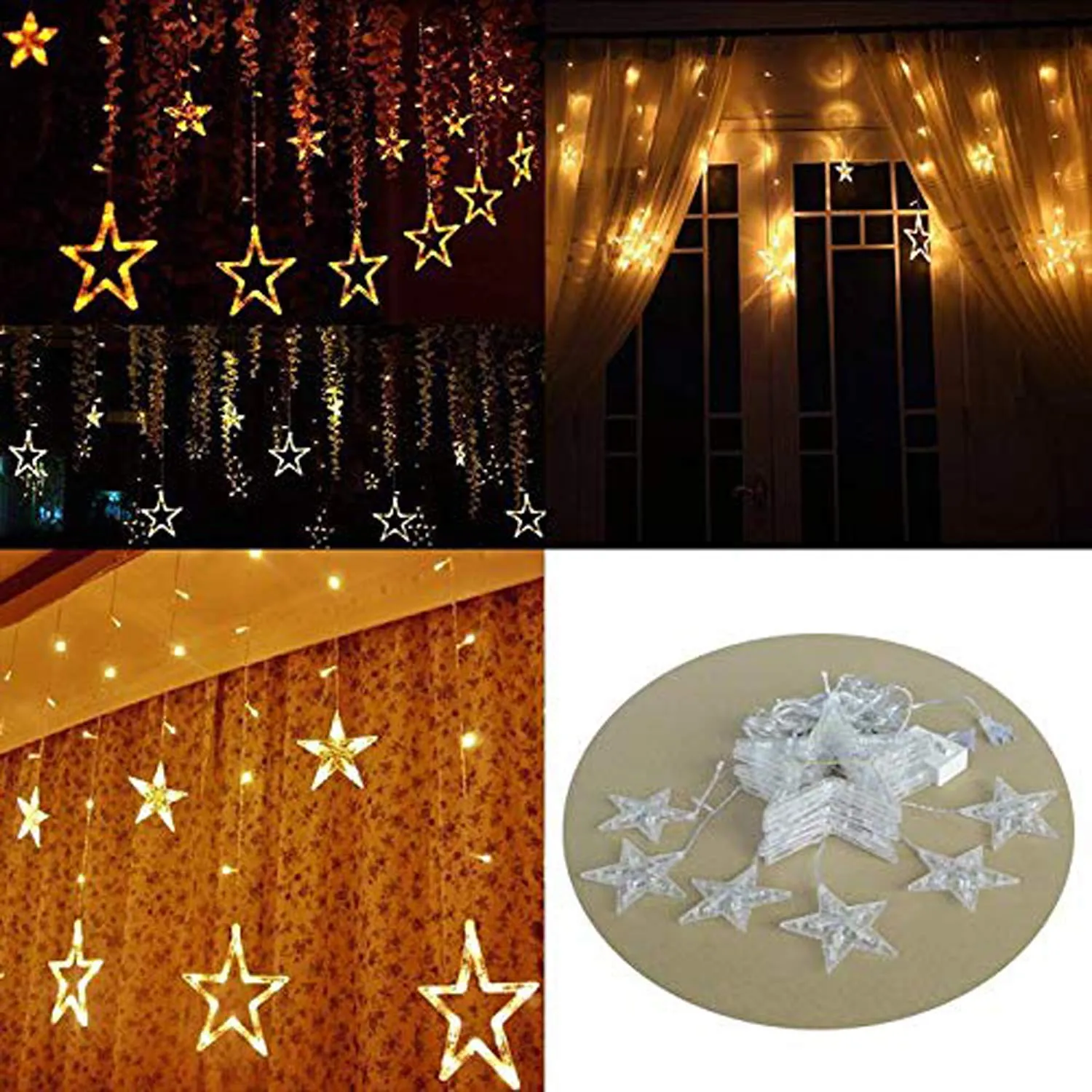 Kuber Industries 138 LED Curtain String Lights with 8 Flashing Modes Decoration(12 Stars, Warm White), Pack of 2 - CTKTC022958