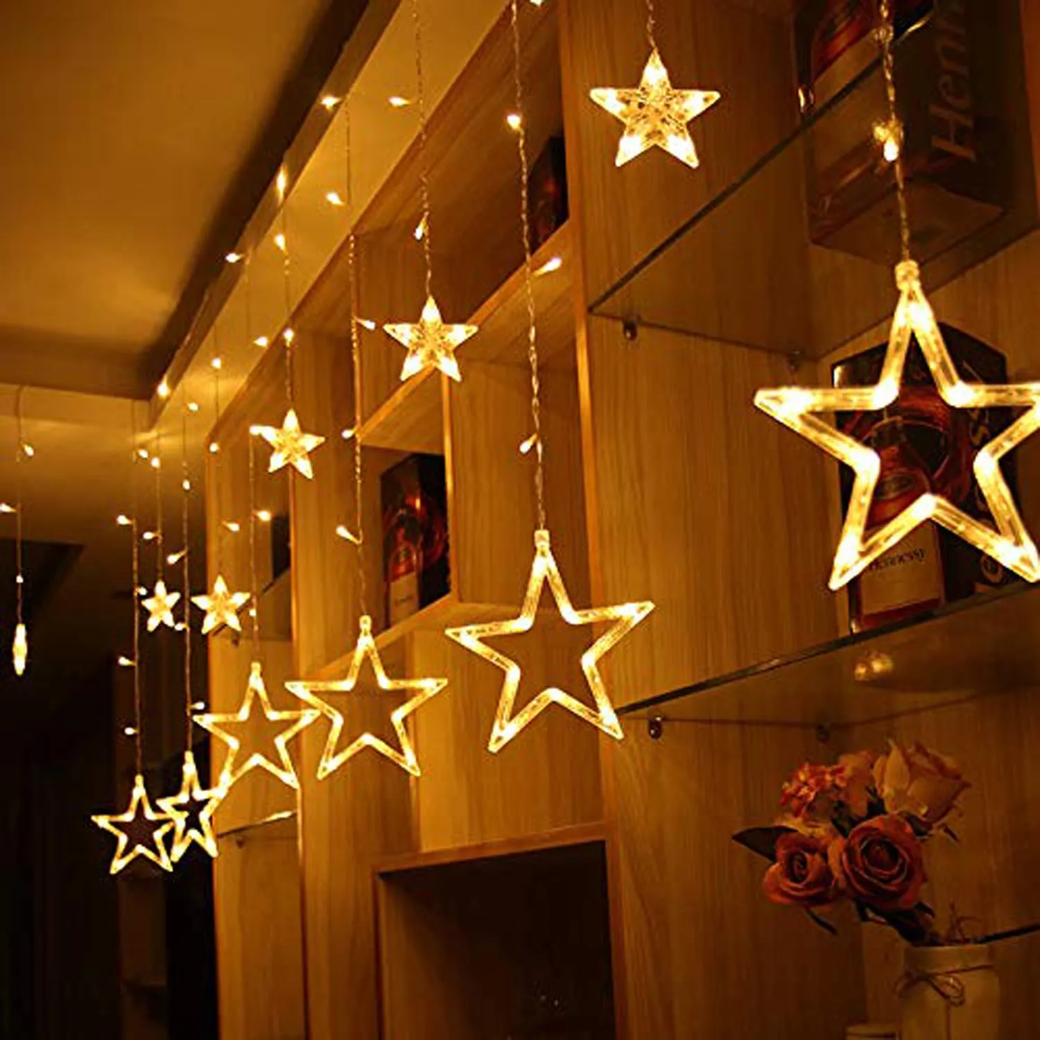 Kuber Industries 138 LED Curtain String Lights with 8 Flashing Modes Decoration(12 Stars, Warm White), Pack of 2 - CTKTC022958