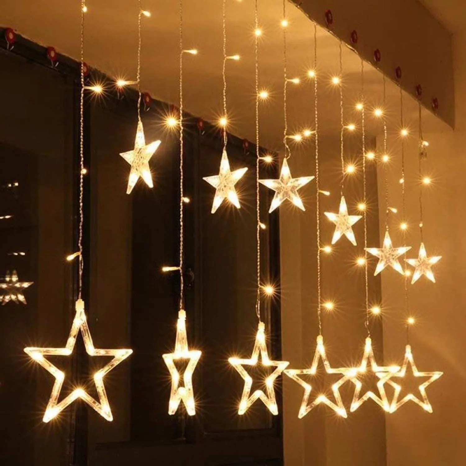 Kuber Industries 138 LED Curtain String Lights with 8 Flashing Modes Decoration(12 Stars, Warm White), Pack of 2 - CTKTC022958