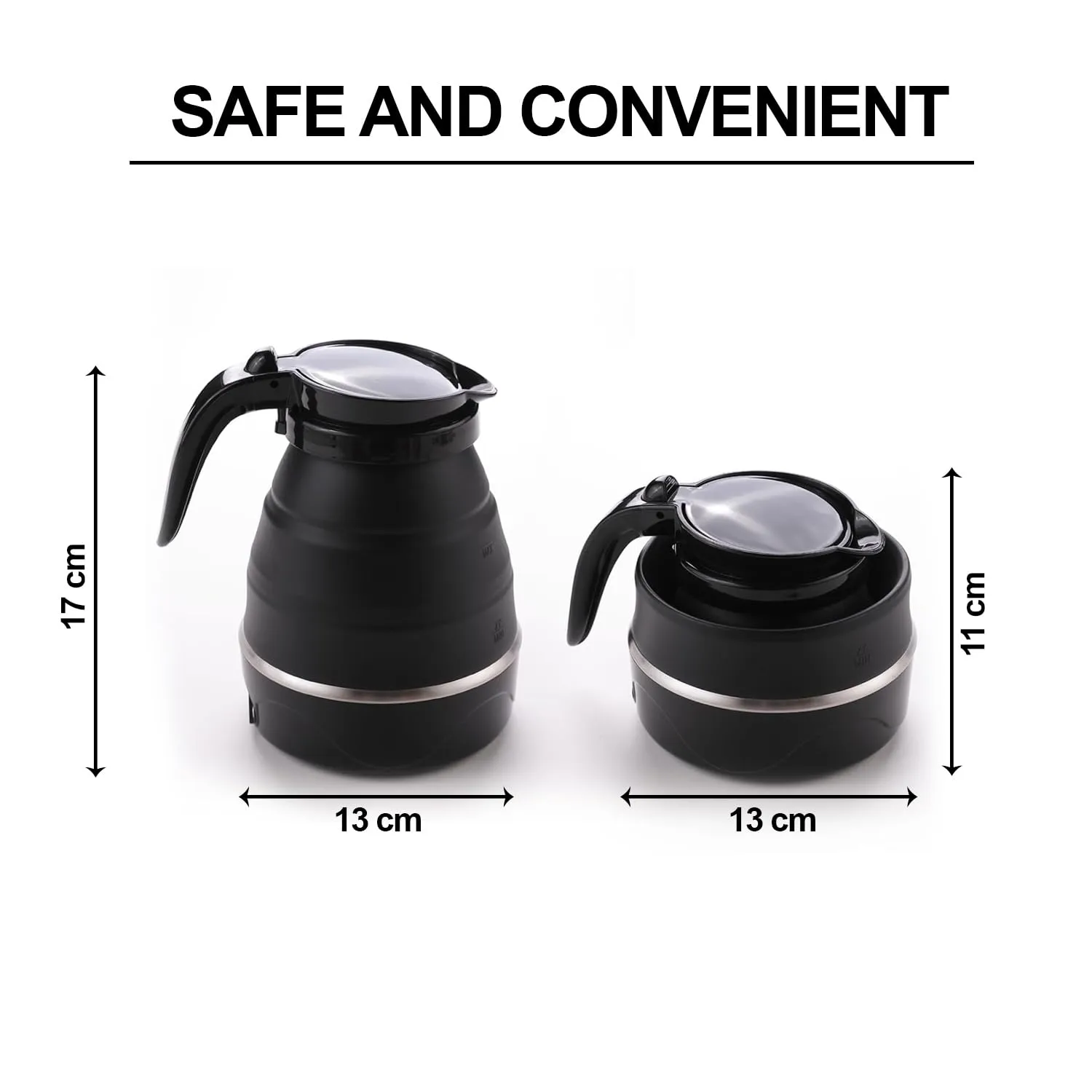 Kuber Industries Pack of 2 Foldable Electric Kettle 600 ML|Silicone Body With 304-Stainless Steel Base|Leak Proof Design|Multipurpose Portable Electric Kettle for Travel, Office & Home|600W|Black