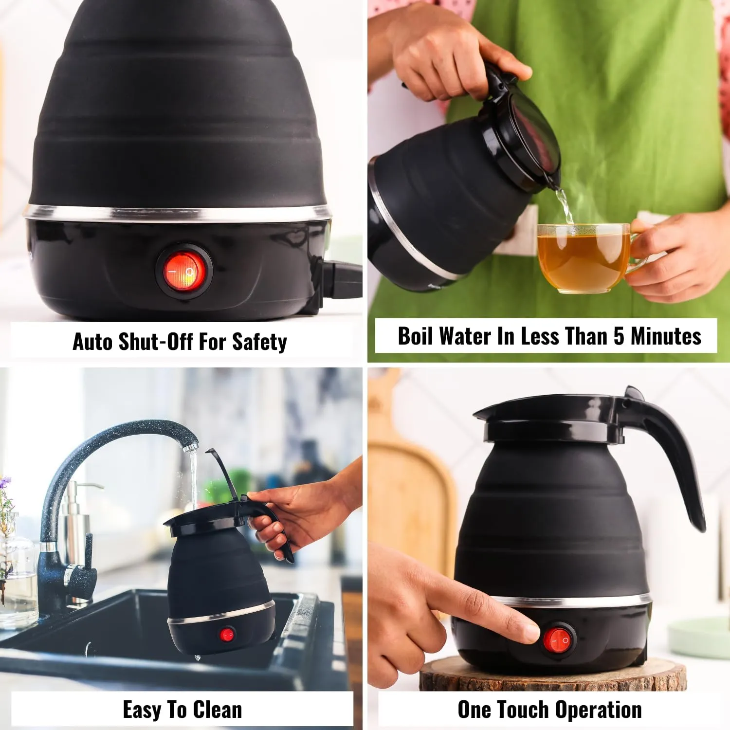 Kuber Industries Pack of 2 Foldable Electric Kettle 600 ML|Silicone Body With 304-Stainless Steel Base|Leak Proof Design|Multipurpose Portable Electric Kettle for Travel, Office & Home|600W|Black