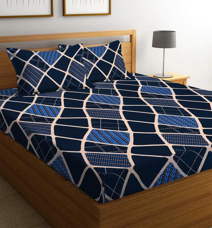 la' amour Home 100% Glace Cotton 210tc Double Bed Bedsheets for Supersoft Summer Breathable | Wrinklefree (Size- 228 x 230 Cm) with 2 Pillow Covers Abstract, Navy Blue