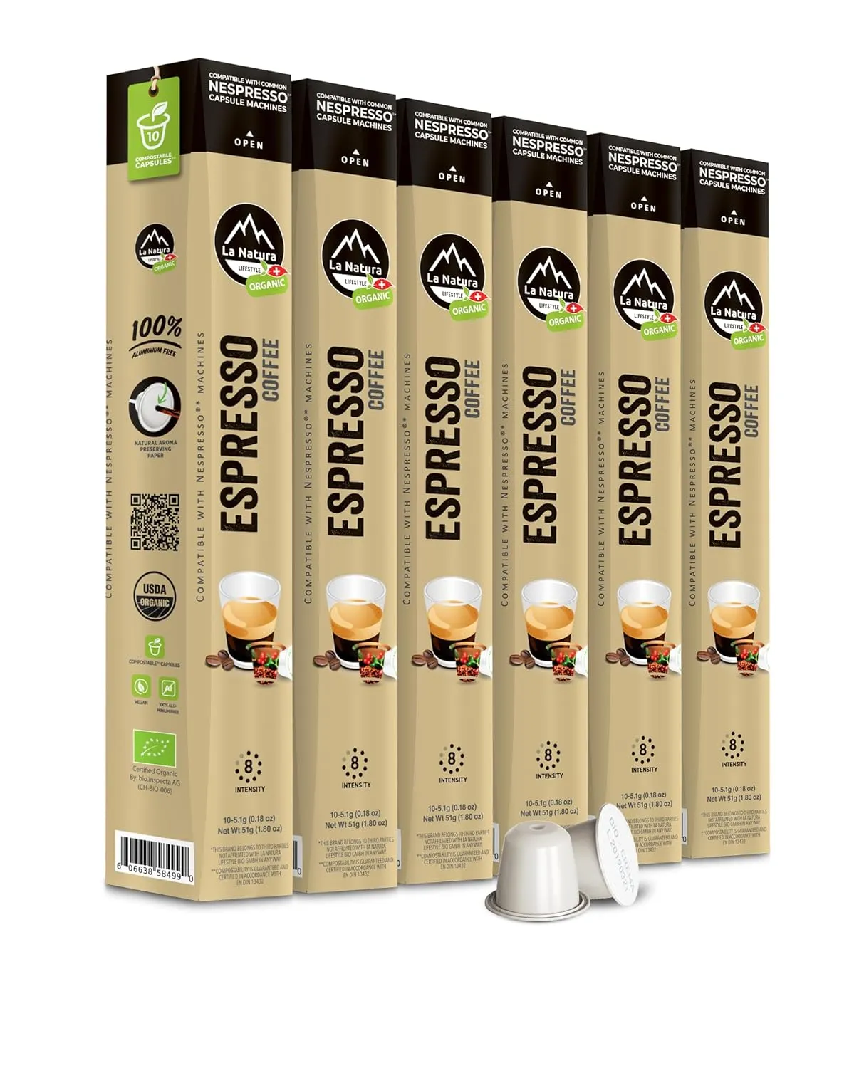 La Natura Organic Espresso Intenso Coffee Pods - Dark Roast Arabica Coffee Capsules for Nespresso Original Line Machines - Compostable Capsules, Aluminum-Free - Single-Serve Pods (10 Count)