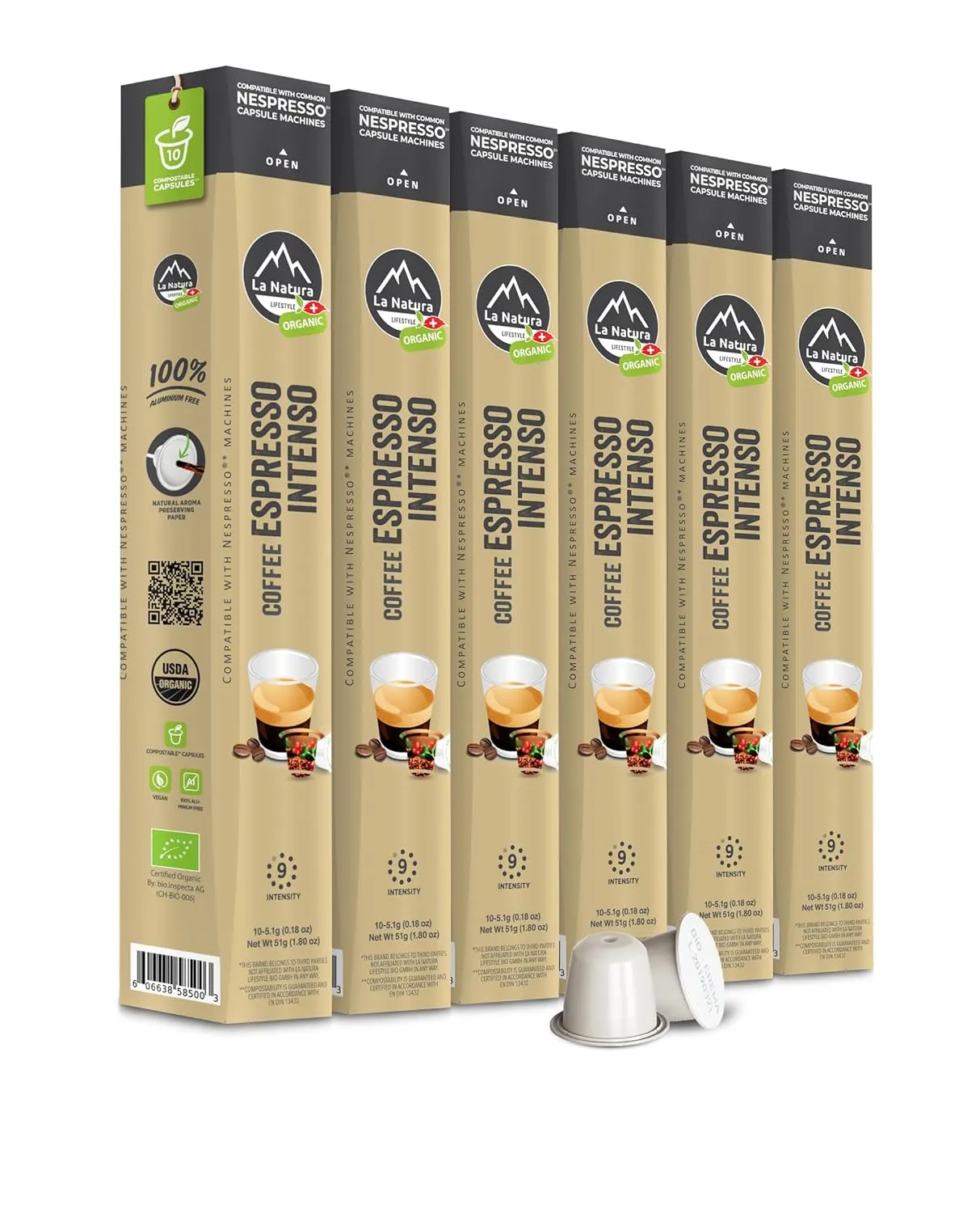 La Natura Organic Espresso Intenso Coffee Pods - Dark Roast Arabica Coffee Capsules for Nespresso Original Line Machines - Compostable Capsules, Aluminum-Free - Single-Serve Pods (10 Count)