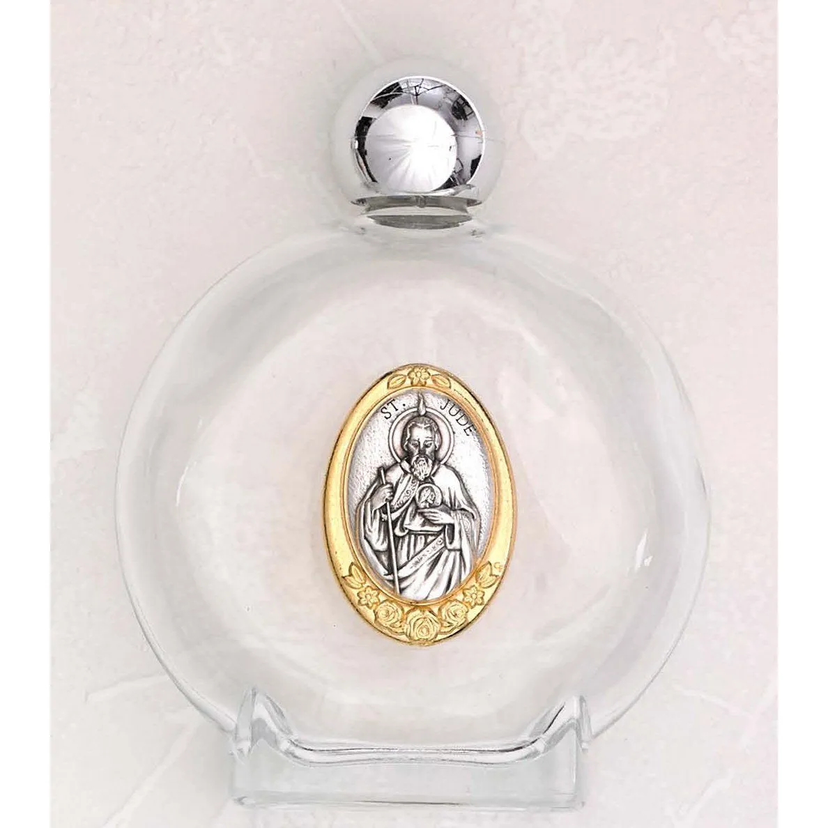 Large 4 oz Saint Jude Glass Holy Water Bottle with Two Tone Medal