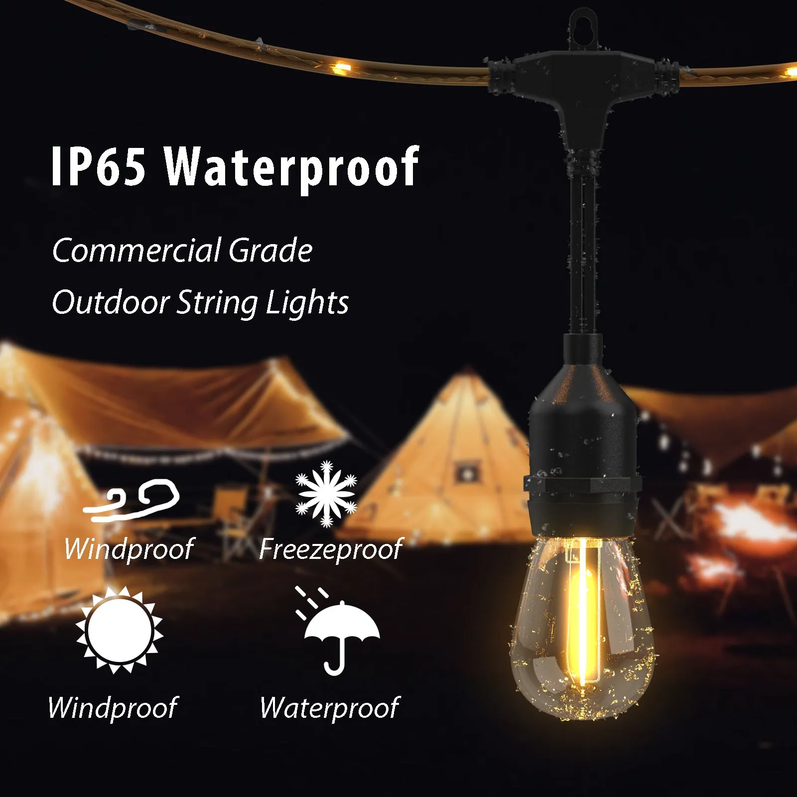 LED Festoon Lights Outdoor -  15.0 meter Commercial Grade IP65 Weatherproof Lights with 24 Shatterproof LED Bulbs for Xmas