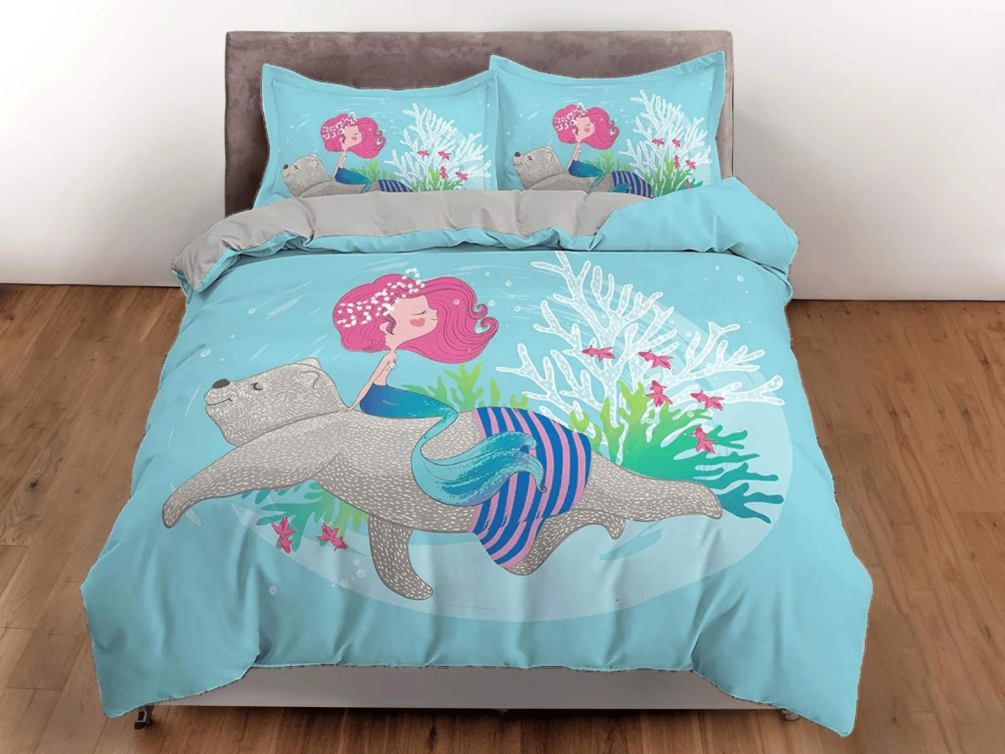 Little mermaid and grizzly bear, toddler bedding, unique duvet cover, crib bedding & pillowcase, baby zipper bedding, king queen full twin