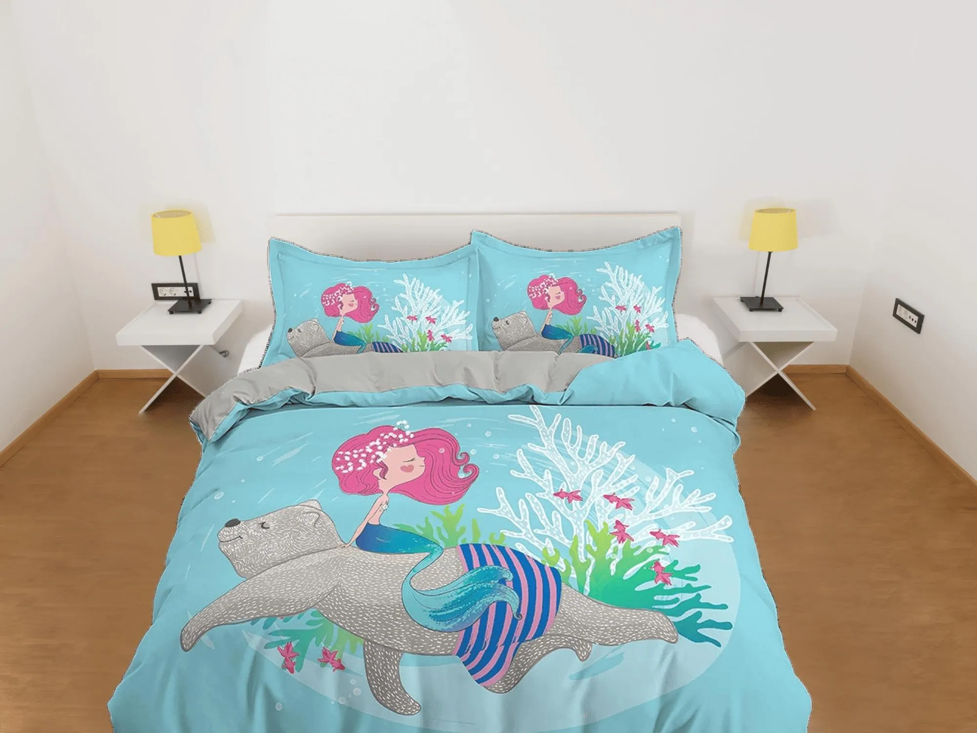 Little mermaid and grizzly bear, toddler bedding, unique duvet cover, crib bedding & pillowcase, baby zipper bedding, king queen full twin