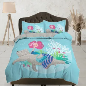 Little mermaid and grizzly bear, toddler bedding, unique duvet cover, crib bedding & pillowcase, baby zipper bedding, king queen full twin