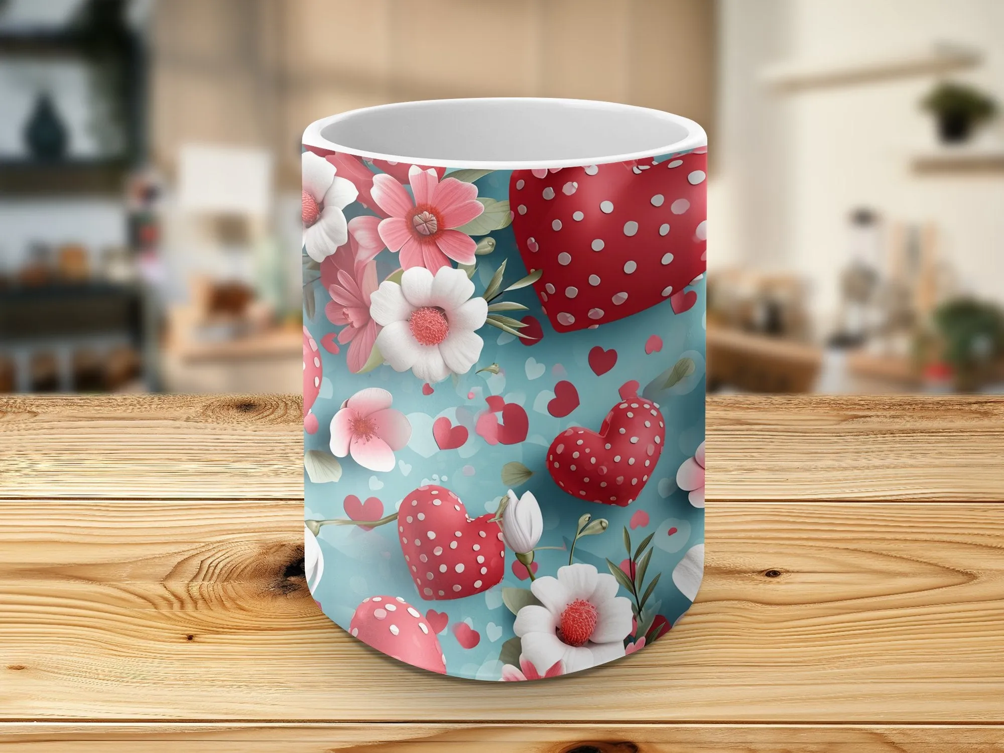 Love Heart Floral Mug, Red and White Hearts, Blue Background, Valentine's Day Gift, Coffee Cup, Unique Romantic Present, Flower Decor