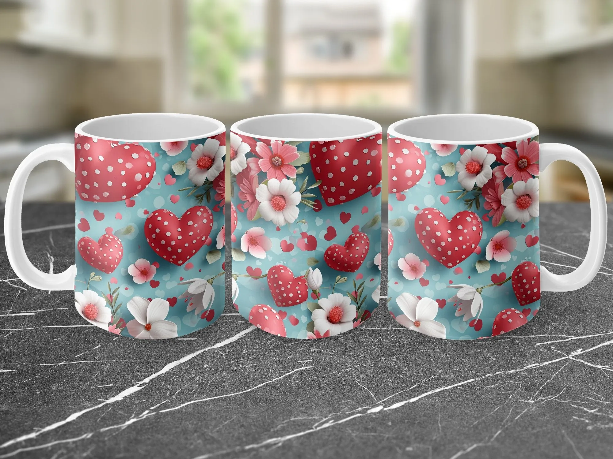 Love Heart Floral Mug, Red and White Hearts, Blue Background, Valentine's Day Gift, Coffee Cup, Unique Romantic Present, Flower Decor