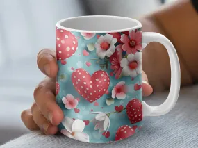 Love Heart Floral Mug, Red and White Hearts, Blue Background, Valentine's Day Gift, Coffee Cup, Unique Romantic Present, Flower Decor