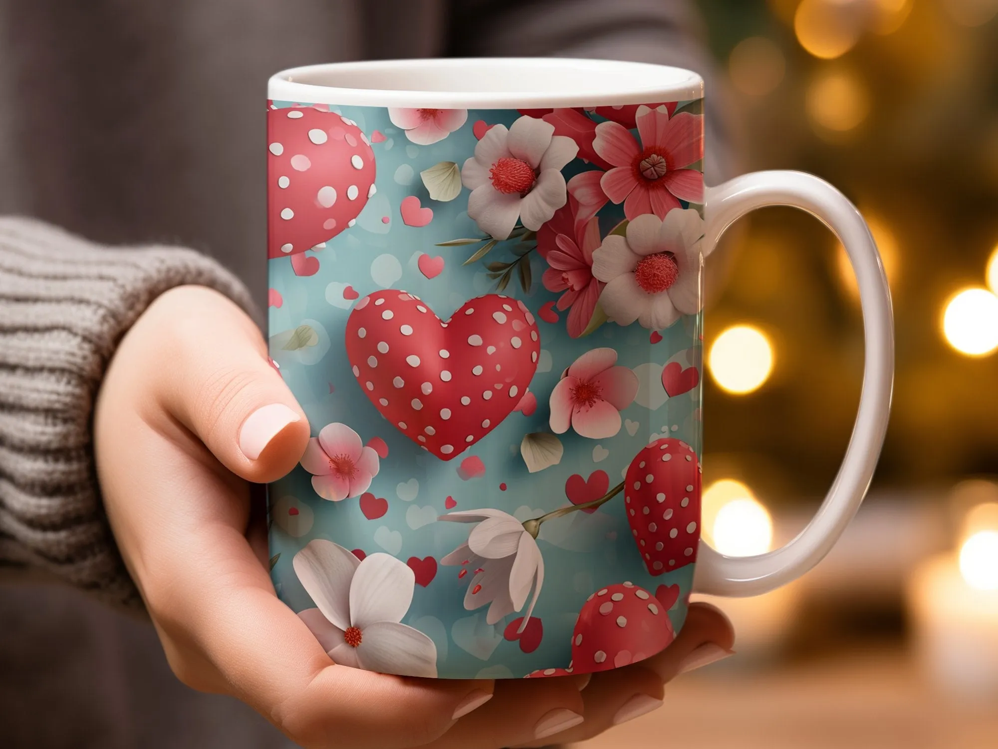 Love Heart Floral Mug, Red and White Hearts, Blue Background, Valentine's Day Gift, Coffee Cup, Unique Romantic Present, Flower Decor