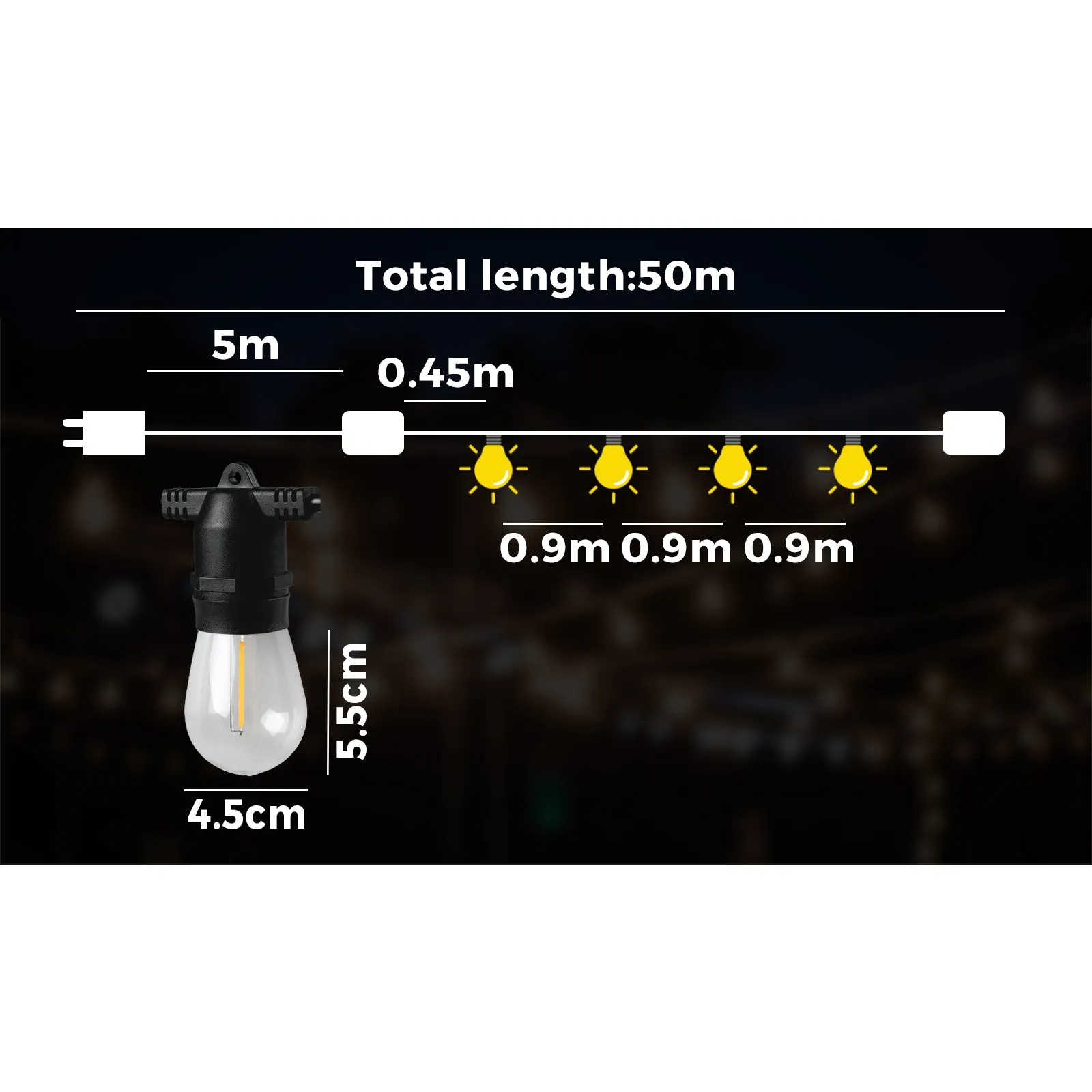 Mazam 50M LED Festoon Lights String Light Waterproof Wedding Party Outdoor