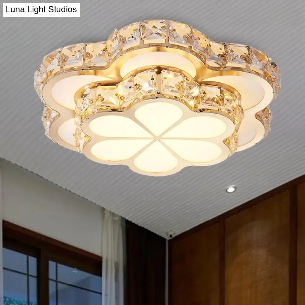 Modern Crystal Block Flower Flush Mount LED Ceiling Light Fixture, 10"/12"/14" W, White, Recessed/Surface Mounted