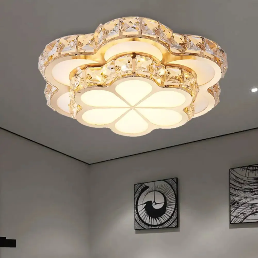 Modern Crystal Block Flower Flush Mount LED Ceiling Light Fixture, 10"/12"/14" W, White, Recessed/Surface Mounted