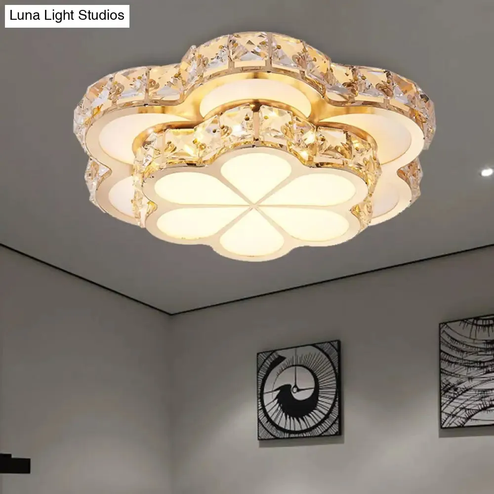 Modern Crystal Block Flower Flush Mount LED Ceiling Light Fixture, 10"/12"/14" W, White, Recessed/Surface Mounted