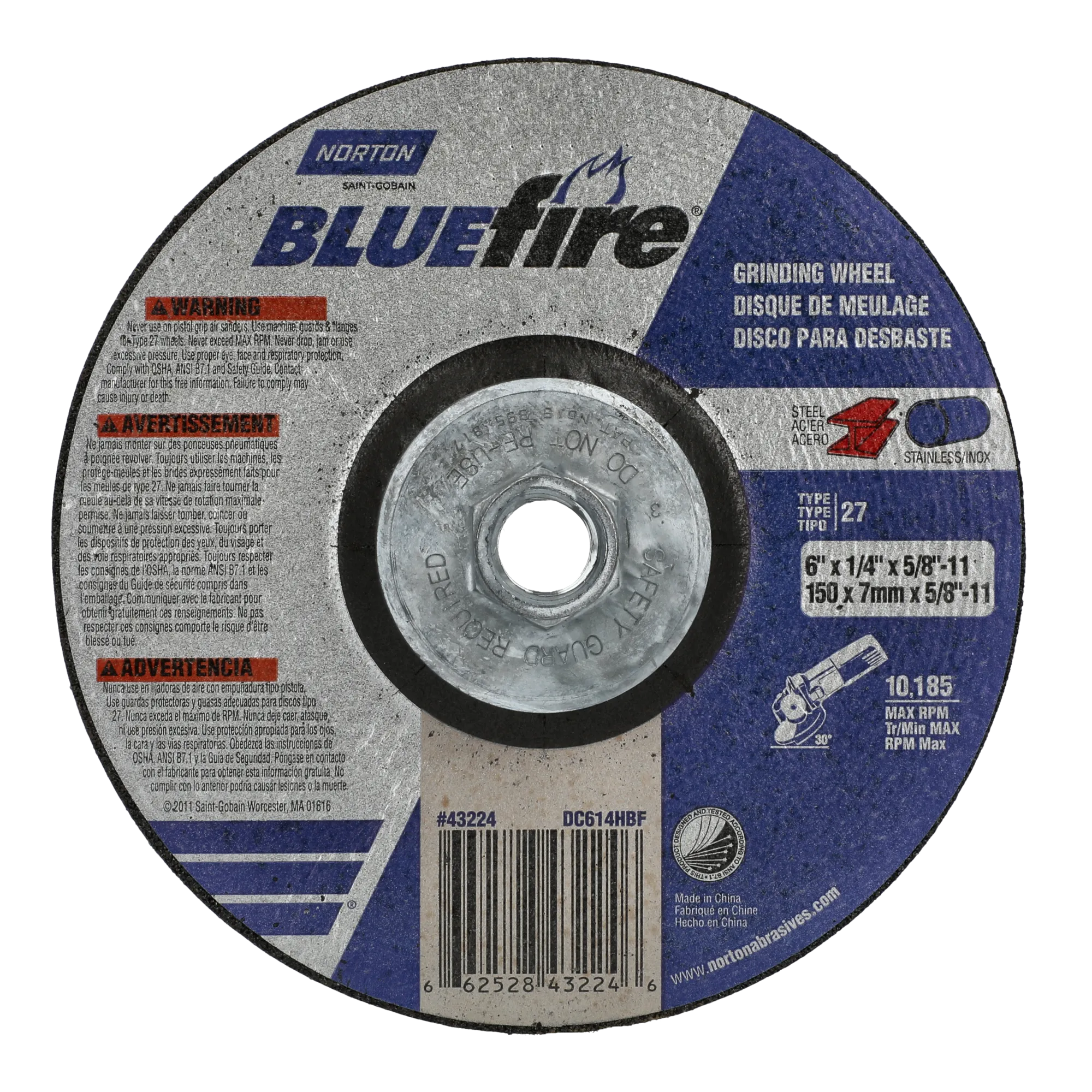 Norton 6 x 1/4 x 5/8 - 11 In. BlueFire Grinding Wheel 24 S T27 10 Count