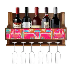 Nutcase Designer Wooden Wine Rack Gloss Holder, Teak Wood Wall Mounted Wine
 Cabinet , 5 bottle Hangers for 6 Wine Glasses -  Abstract Pink