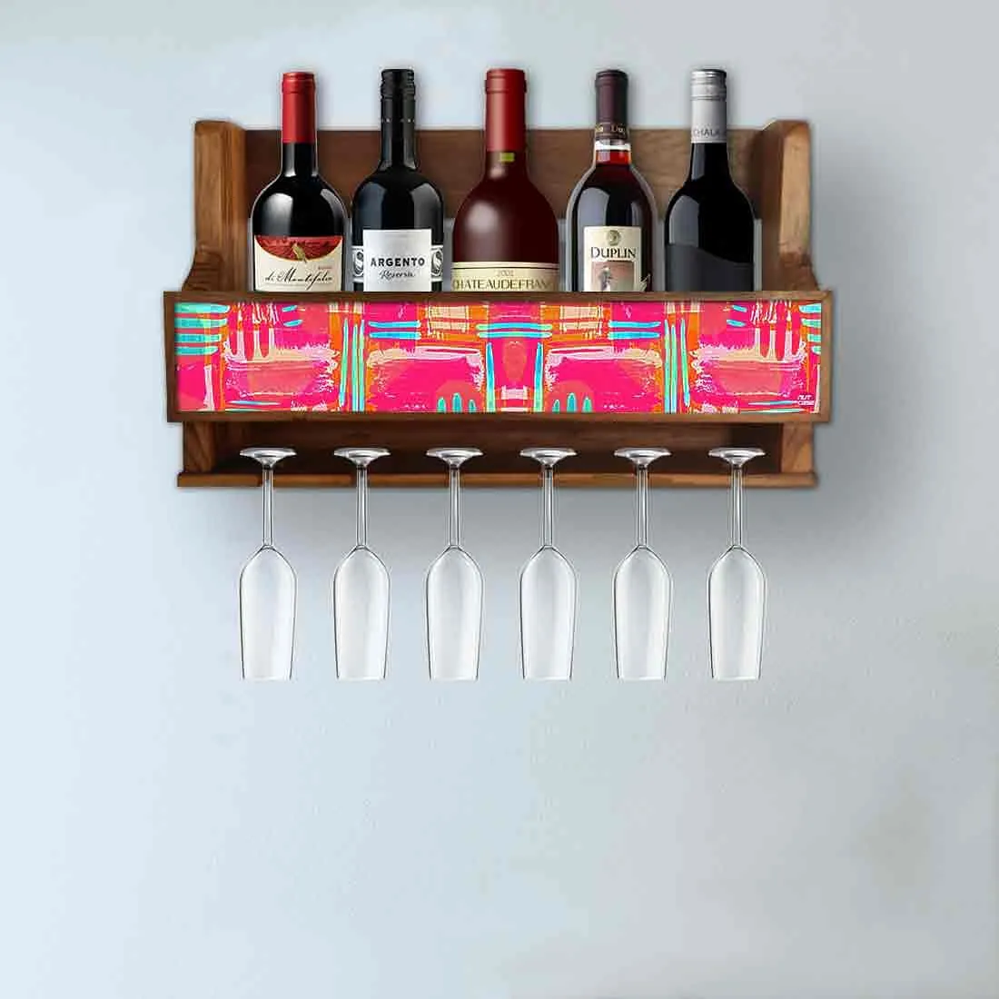 Nutcase Designer Wooden Wine Rack Gloss Holder, Teak Wood Wall Mounted Wine
 Cabinet , 5 bottle Hangers for 6 Wine Glasses -  Abstract Pink